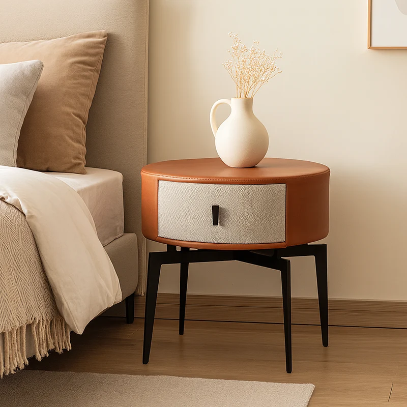 Contemporary Round Accent Bedside Cabinet - Metal Legs 1 Drawer Nightstand For Bedroom