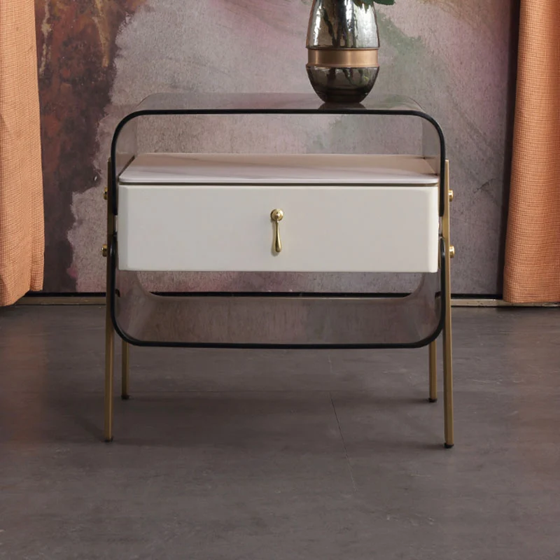 Contemporary Creative Clear Acrylic Bedside Table - Gold Metal Legs 1 Drawer Nightstand For Bedroom