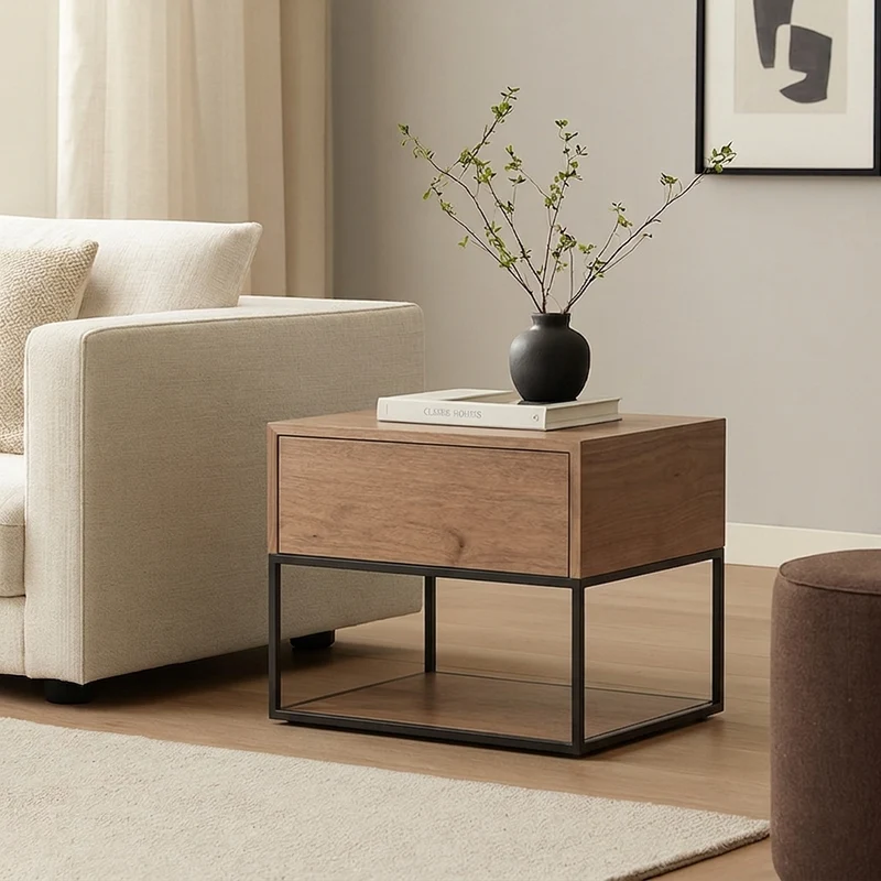 Traditional Chinese Open Shelf & Drawer Storage Nightstand - Square Bedside Table For Bedroom