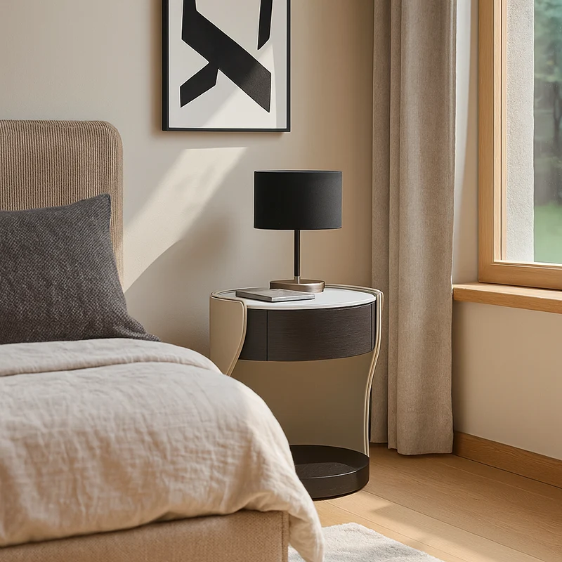 Contemporary Round 1 Hidden Drawer Bedside Table - Faux Leather Open Shelf Nightstand For Bedroom