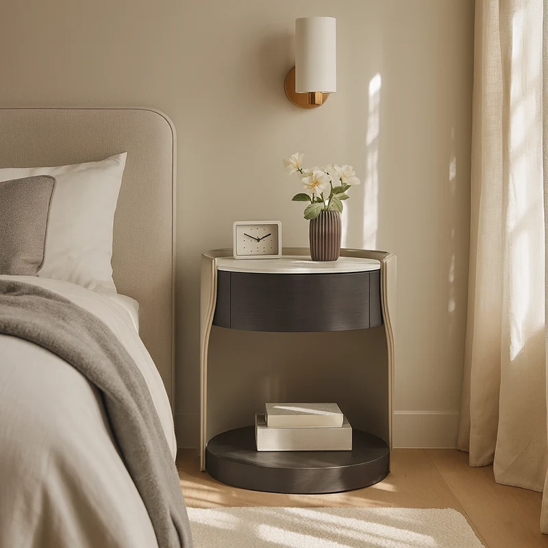 Contemporary Round 1 Hidden Drawer Bedside Table - Faux Leather Open Shelf Nightstand For Bedroom