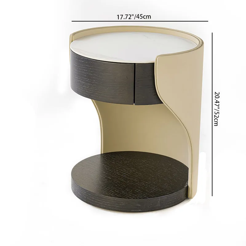 Contemporary Round 1 Hidden Drawer Bedside Table - Faux Leather Open Shelf Nightstand For Bedroom