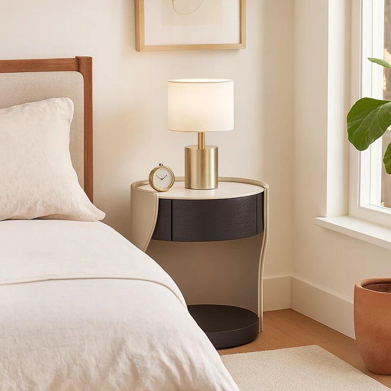 Contemporary Round 1 Hidden Drawer Bedside Table - Faux Leather Open Shelf Nightstand For Bedroom