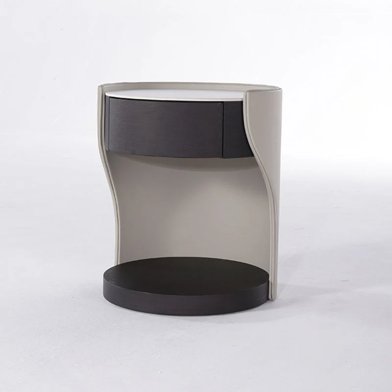 Contemporary Round 1 Hidden Drawer Bedside Table - Faux Leather Open Shelf Nightstand For Bedroom