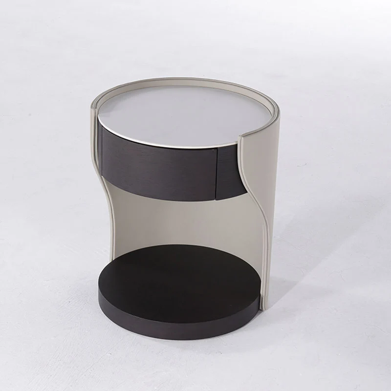 Contemporary Round 1 Hidden Drawer Bedside Table - Faux Leather Open Shelf Nightstand For Bedroom