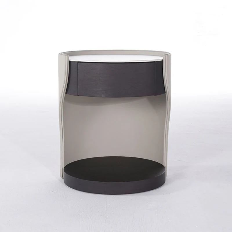 Contemporary Round 1 Hidden Drawer Bedside Table - Faux Leather Open Shelf Nightstand For Bedroom