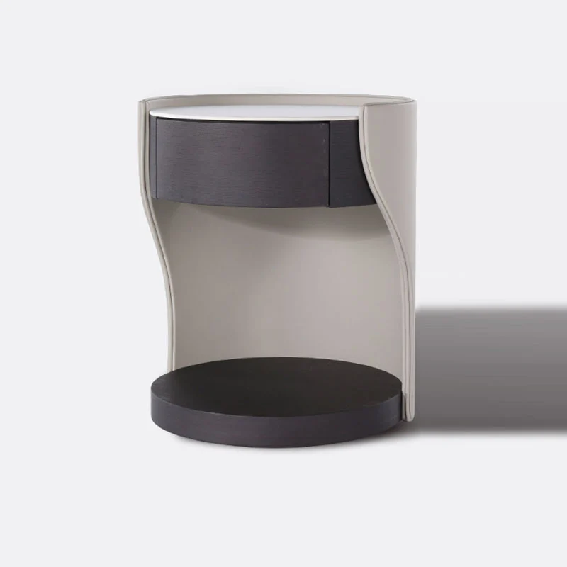 Contemporary Round 1 Hidden Drawer Bedside Table - Faux Leather Open Shelf Nightstand For Bedroom