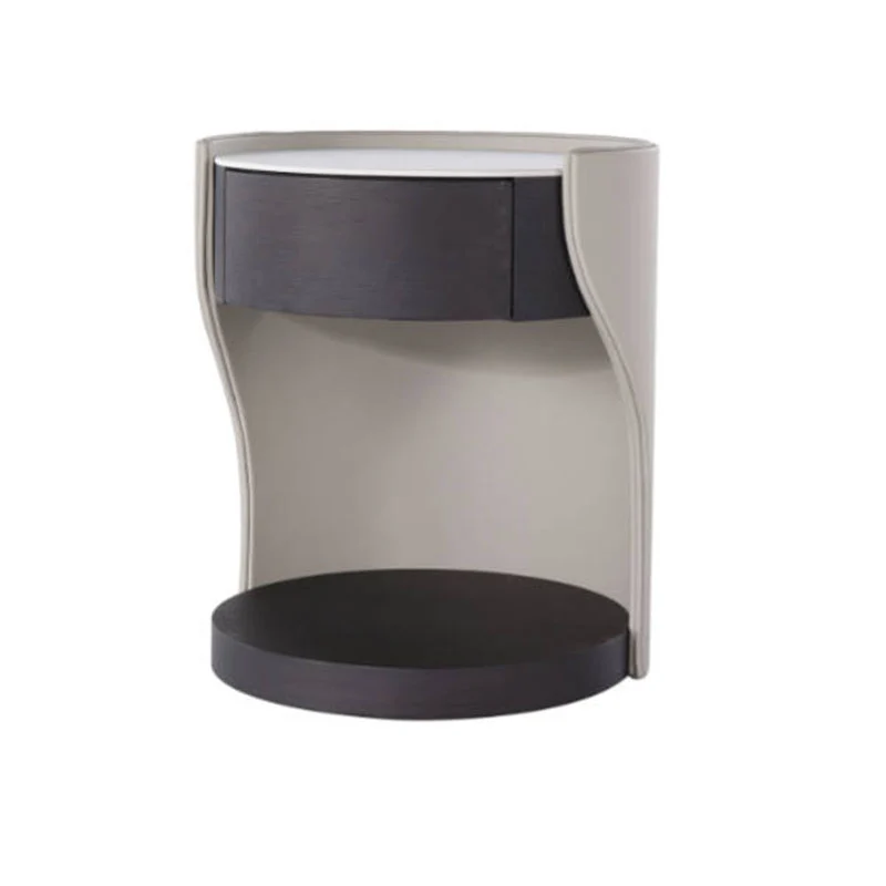 Contemporary Round 1 Hidden Drawer Bedside Table - Faux Leather Open Shelf Nightstand For Bedroom