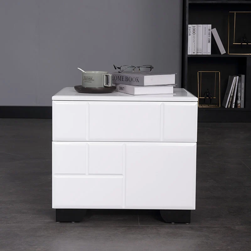 Modern Minimalist High-Gloss White Bedside Cabinet - 2 Drawer Geometric Texture Nightstand For Bedroom