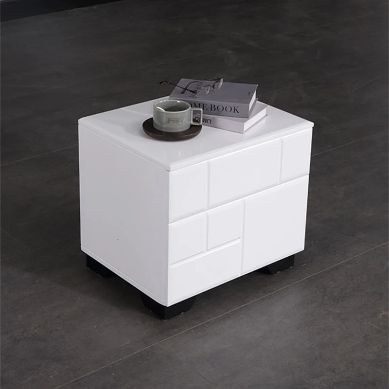 Modern Minimalist High-Gloss White Bedside Cabinet - 2 Drawer Geometric Texture Nightstand For Bedroom