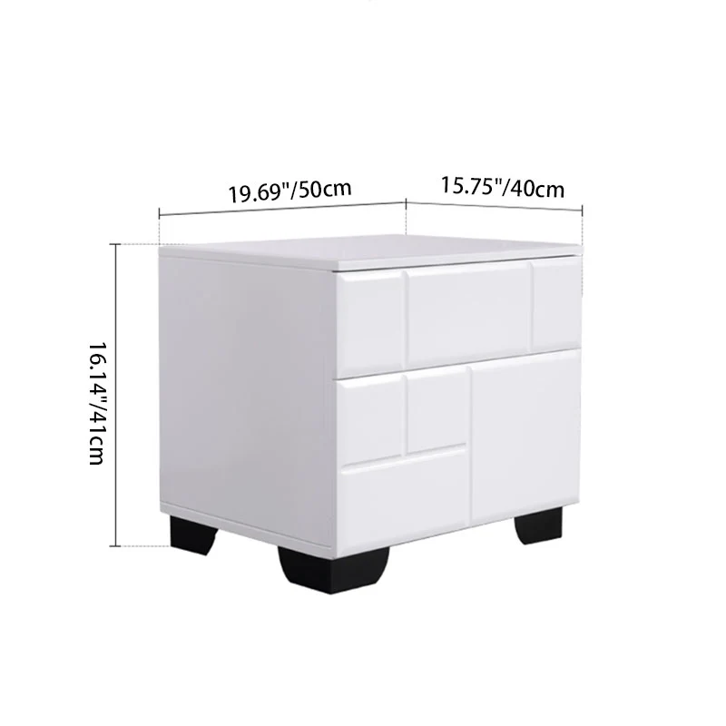 Modern Minimalist High-Gloss White Bedside Cabinet - 2 Drawer Geometric Texture Nightstand For Bedroom