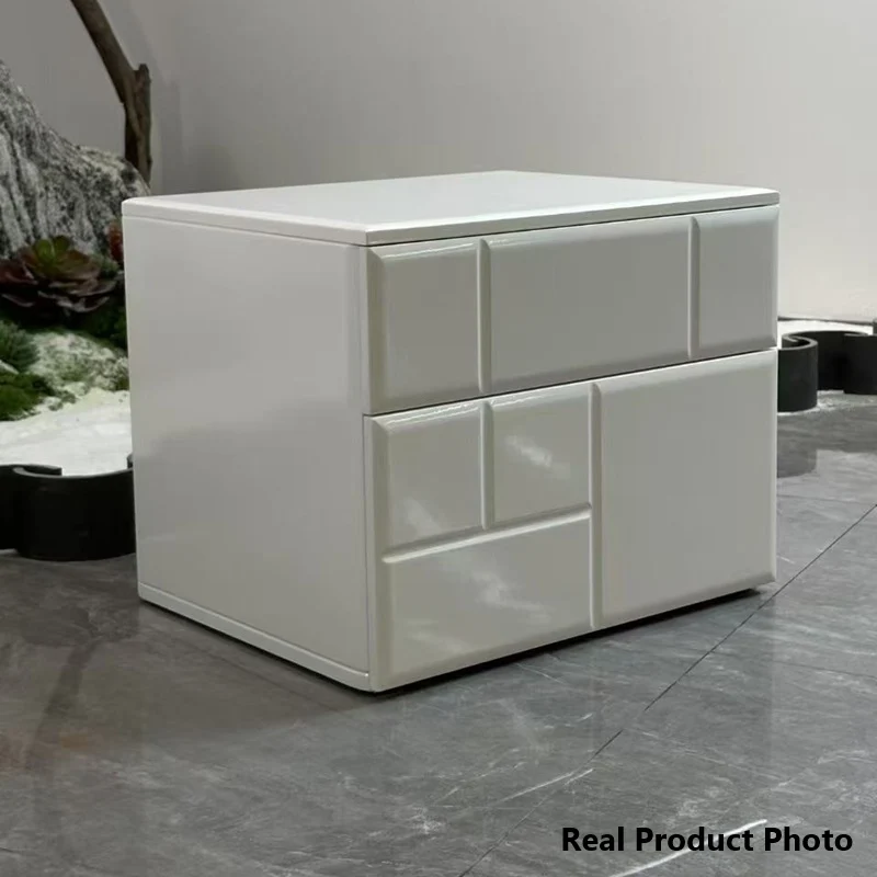 Modern Minimalist High-Gloss White Bedside Cabinet - 2 Drawer Geometric Texture Nightstand For Bedroom