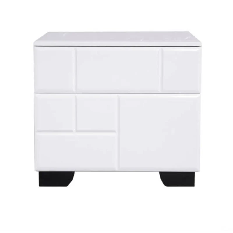 Modern Minimalist High-Gloss White Bedside Cabinet - 2 Drawer Geometric Texture Nightstand For Bedroom