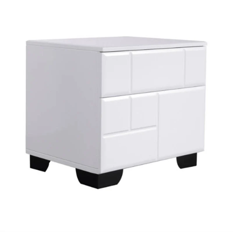 Modern Minimalist High-Gloss White Bedside Cabinet - 2 Drawer Geometric Texture Nightstand For Bedroom
