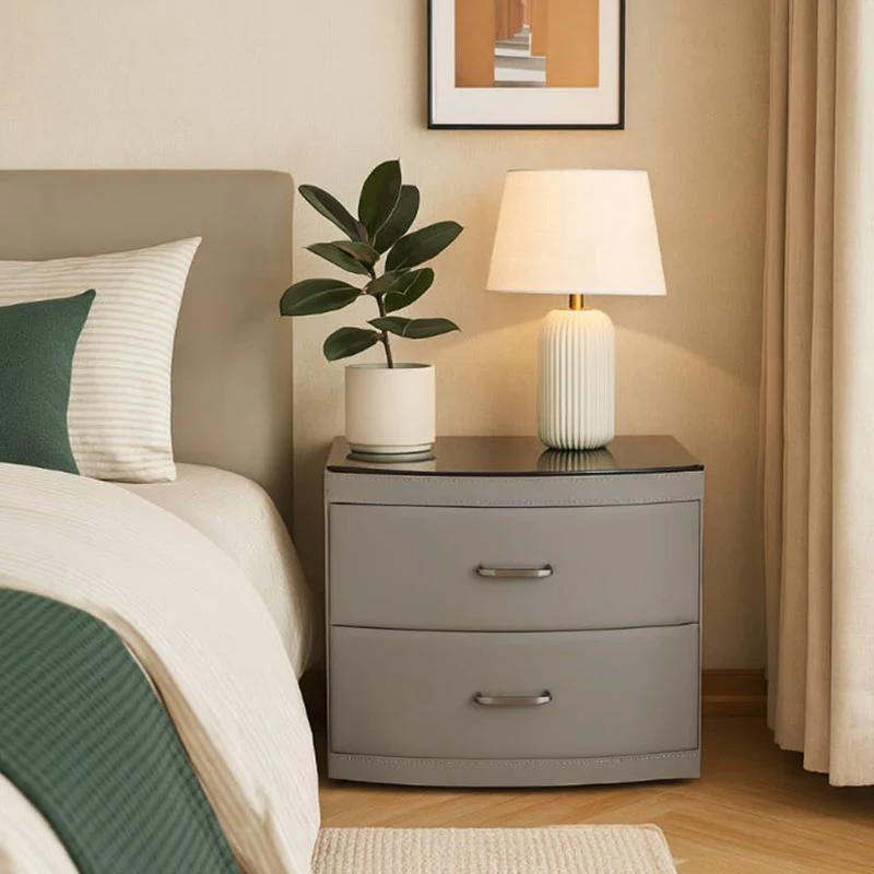 Contemporary Scandinavian Tempered Glass Top Bedside Table - 2 Drawers Curved Nightstand For Bedroom