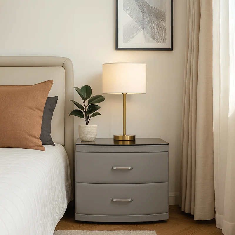 Contemporary Scandinavian Tempered Glass Top Bedside Table - 2 Drawers Curved Nightstand For Bedroom