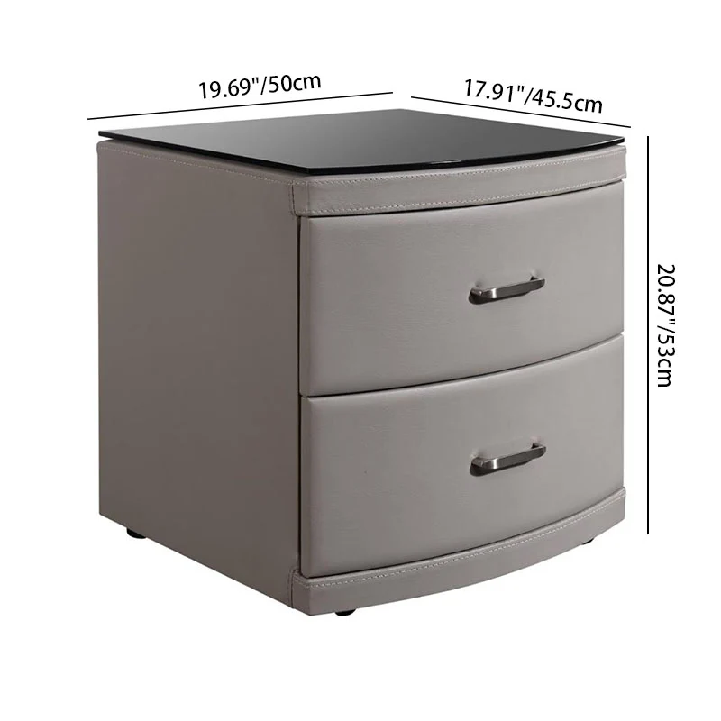 Contemporary Scandinavian Tempered Glass Top Bedside Table - 2 Drawers Curved Nightstand For Bedroom
