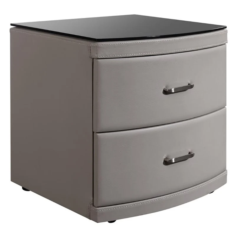 Contemporary Scandinavian Tempered Glass Top Bedside Table - 2 Drawers Curved Nightstand For Bedroom