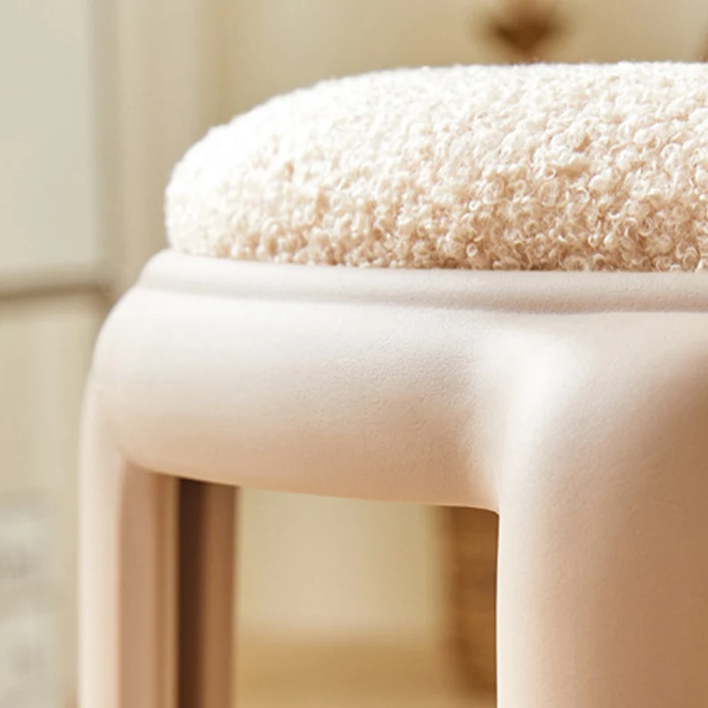 Modern Minimalist Round Faux Leather Teddy Fleece Plastic Low Stool For Living Room