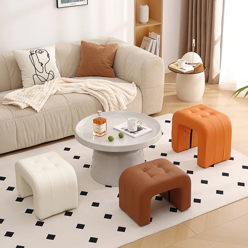 Contemporary Scandinavian Round Arch Solid Wood & Plywood Cat Scratching Leather Sponge Vanity Stool Backless Armless For Bedroom
