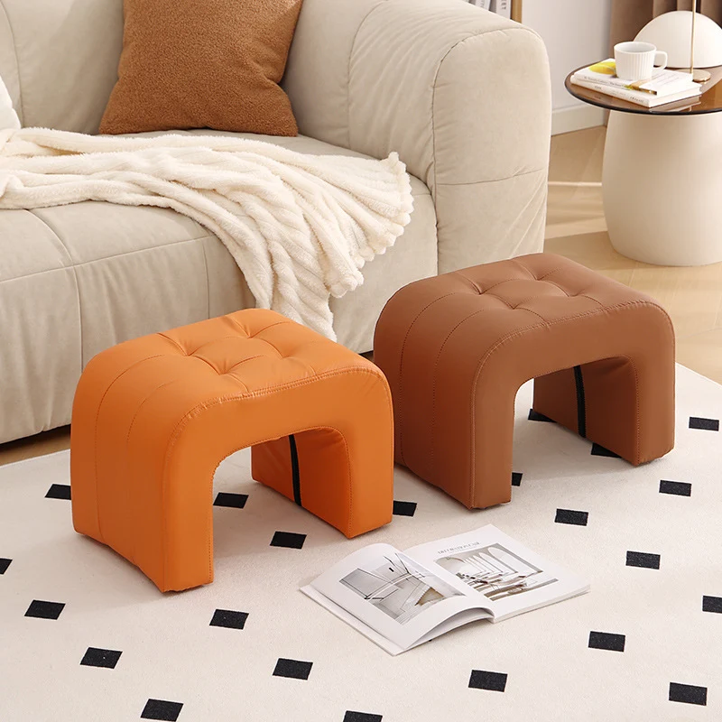 Contemporary Scandinavian Round Arch Solid Wood & Plywood Cat Scratching Leather Sponge Vanity Stool Backless Armless For Bedroom