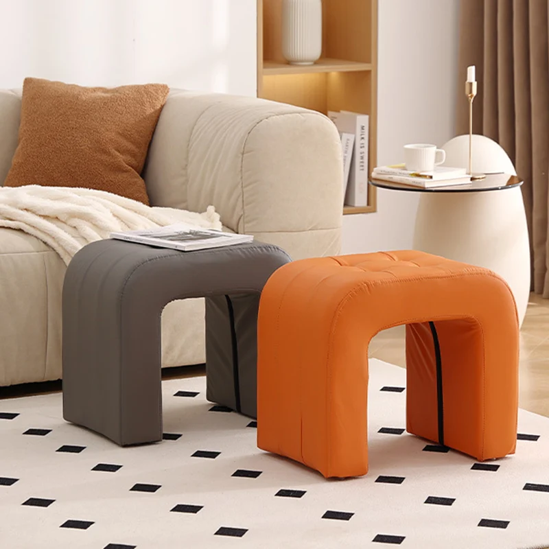 Contemporary Scandinavian Round Arch Solid Wood & Plywood Cat Scratching Leather Sponge Vanity Stool Backless Armless For Bedroom