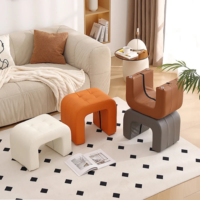 Contemporary Scandinavian Round Arch Solid Wood & Plywood Cat Scratching Leather Sponge Vanity Stool Backless Armless For Bedroom