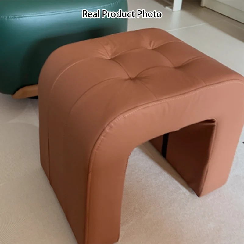 Contemporary Scandinavian Round Arch Solid Wood & Plywood Cat Scratching Leather Sponge Vanity Stool Backless Armless For Bedroom