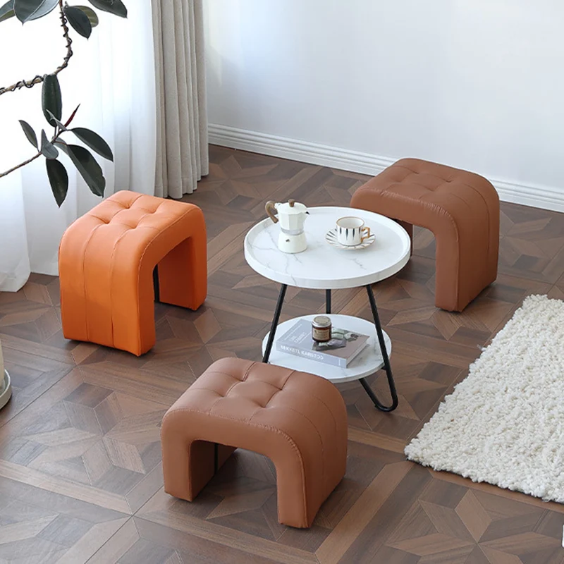 Contemporary Scandinavian Round Arch Solid Wood & Plywood Cat Scratching Leather Sponge Vanity Stool Backless Armless For Bedroom