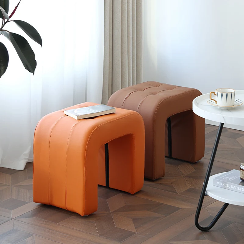 Contemporary Scandinavian Round Arch Solid Wood & Plywood Cat Scratching Leather Sponge Vanity Stool Backless Armless For Bedroom
