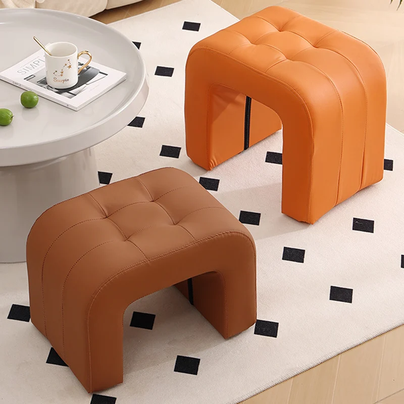Contemporary Scandinavian Round Arch Solid Wood & Plywood Cat Scratching Leather Sponge Vanity Stool Backless Armless For Bedroom
