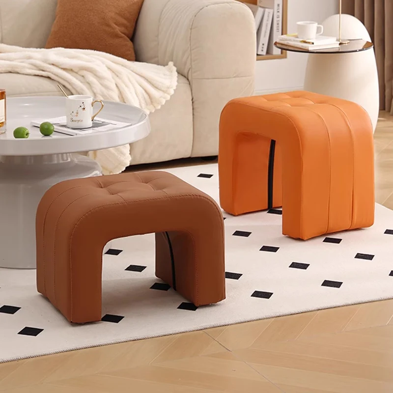 Contemporary Scandinavian Round Arch Solid Wood & Plywood Cat Scratching Leather Sponge Vanity Stool Backless Armless For Bedroom
