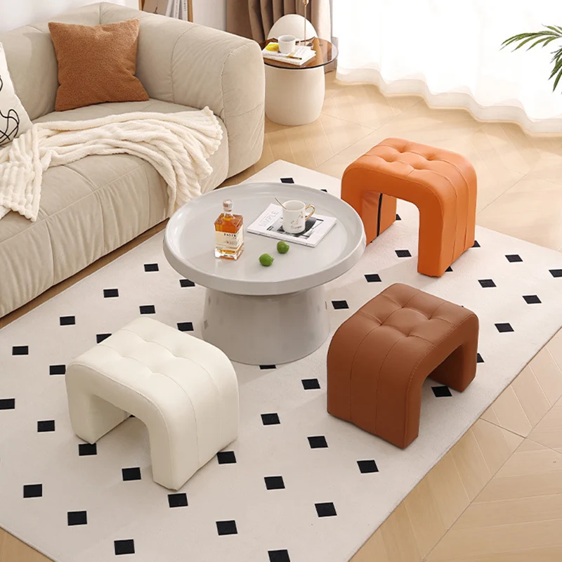 Contemporary Scandinavian Round Arch Solid Wood & Plywood Cat Scratching Leather Sponge Vanity Stool Backless Armless For Bedroom