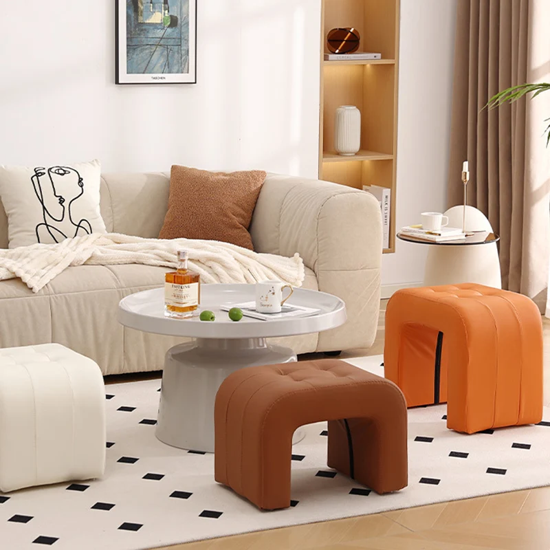 Contemporary Scandinavian Round Arch Solid Wood & Plywood Cat Scratching Leather Sponge Vanity Stool Backless Armless For Bedroom