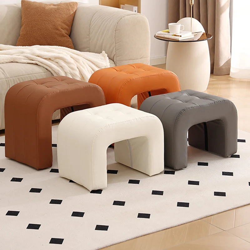 Contemporary Scandinavian Round Arch Solid Wood & Plywood Cat Scratching Leather Sponge Vanity Stool Backless Armless For Bedroom