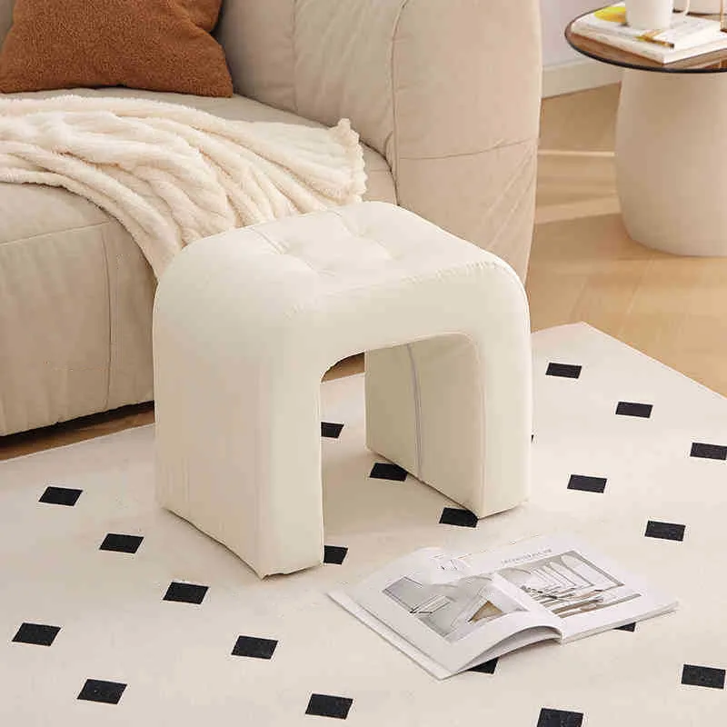 Contemporary Scandinavian Round Arch Solid Wood & Plywood Cat Scratching Leather Sponge Vanity Stool Backless Armless For Bedroom