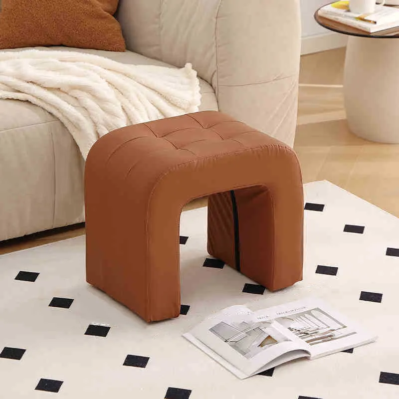 Contemporary Scandinavian Round Arch Solid Wood & Plywood Cat Scratching Leather Sponge Vanity Stool Backless Armless For Bedroom
