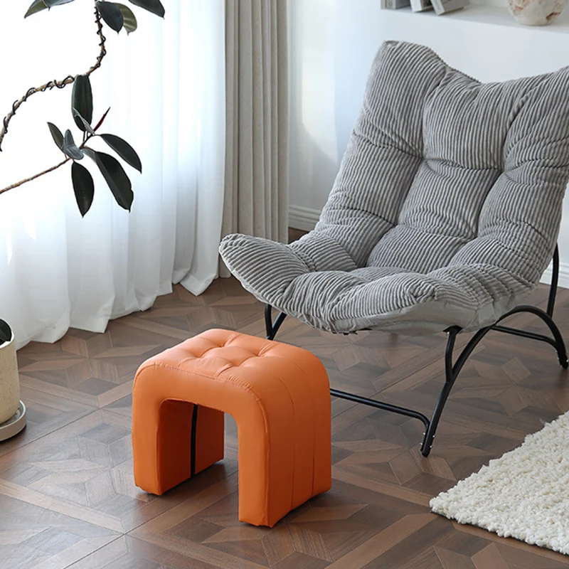Contemporary Scandinavian Round Arch Solid Wood & Plywood Cat Scratching Leather Sponge Vanity Stool Backless Armless For Bedroom