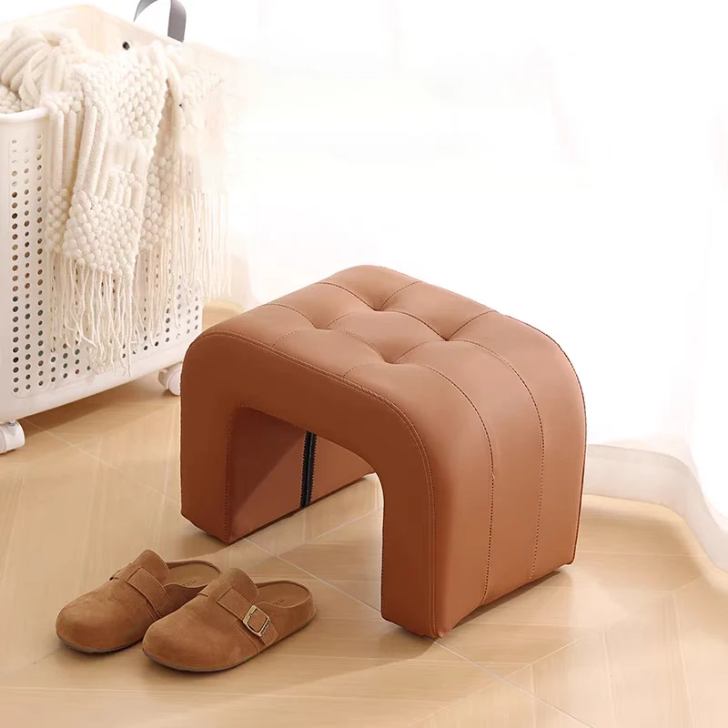 Contemporary Scandinavian Round Arch Solid Wood & Plywood Cat Scratching Leather Sponge Vanity Stool Backless Armless For Bedroom