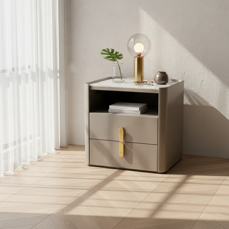 Modern Luxury Rectangular Rounded Corner E1 MDF Stone Slab Nightstand With 2 Drawers For Bedroom