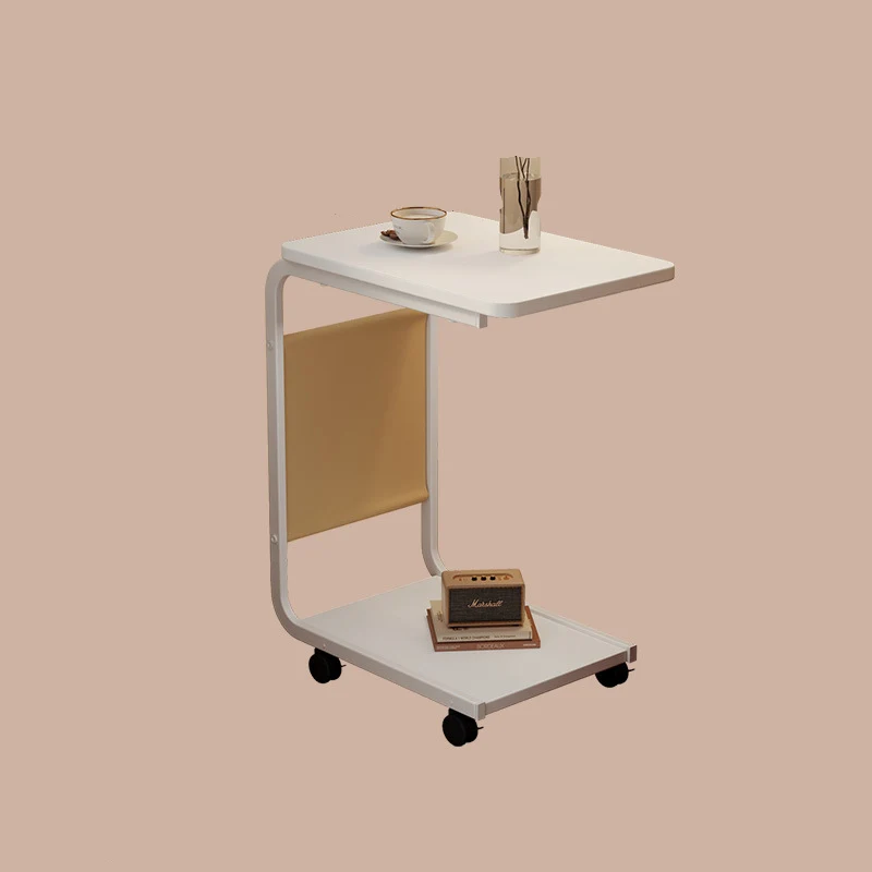 Modern Minimalist MDF Iron Fabric Rectangular Movable 2-Tier Side Table With Side Storage Pocket For Living Room & Bedroom