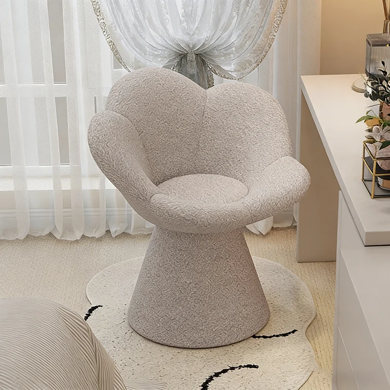 Contemporary Scandinavian Lamb Fleece Fabric Wood Sponge Round Petal-Shaped Swivel Backrest Armrest Vanity Stool For Living Room & Bedroom