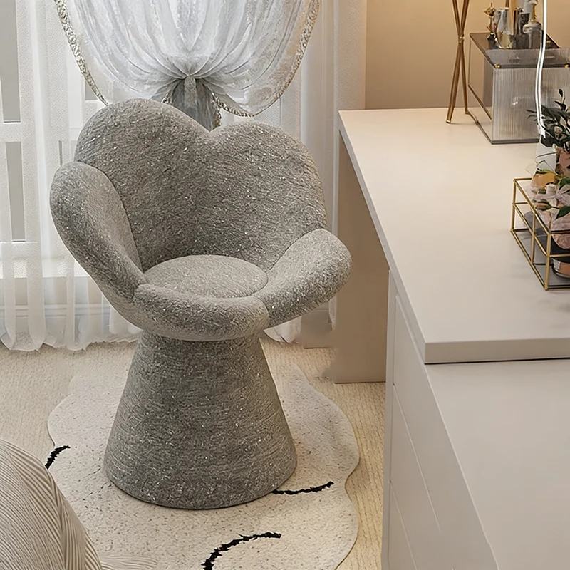 Contemporary Scandinavian Lamb Fleece Fabric Wood Sponge Round Petal-Shaped Swivel Backrest Armrest Vanity Stool For Living Room & Bedroom