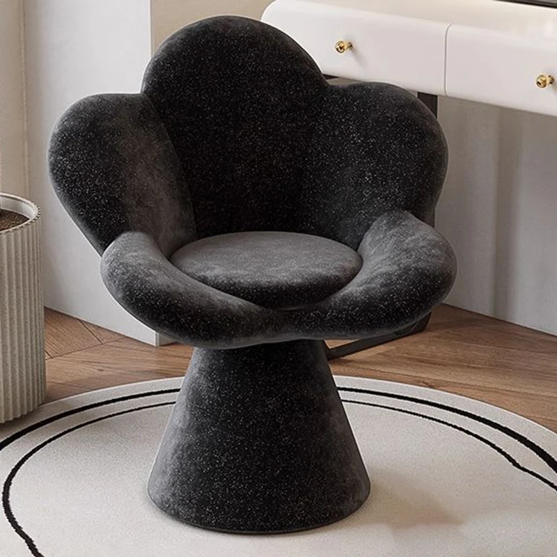 Contemporary Scandinavian Lamb Fleece Fabric Wood Sponge Round Petal-Shaped Swivel Backrest Armrest Vanity Stool For Living Room & Bedroom