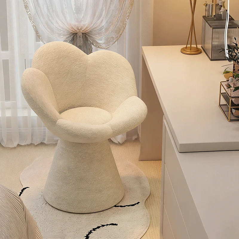 Contemporary Scandinavian Lamb Fleece Fabric Wood Sponge Round Petal-Shaped Swivel Backrest Armrest Vanity Stool For Living Room & Bedroom