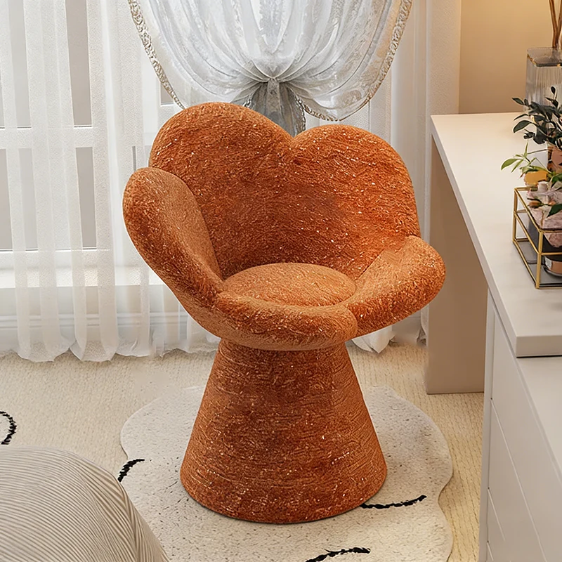 Contemporary Scandinavian Lamb Fleece Fabric Wood Sponge Round Petal-Shaped Swivel Backrest Armrest Vanity Stool For Living Room & Bedroom
