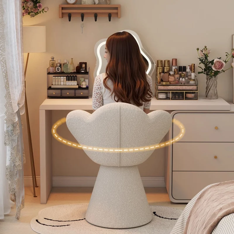 Contemporary Scandinavian Lamb Fleece Fabric Wood Sponge Round Petal-Shaped Swivel Backrest Armrest Vanity Stool For Living Room & Bedroom