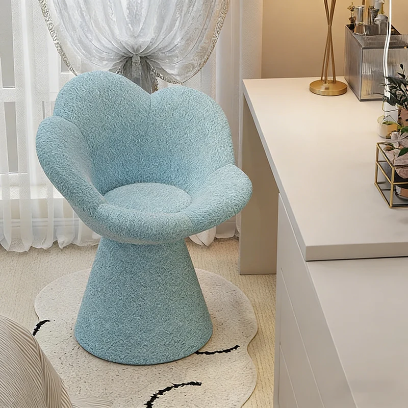 Contemporary Scandinavian Lamb Fleece Fabric Wood Sponge Round Petal-Shaped Swivel Backrest Armrest Vanity Stool For Living Room & Bedroom