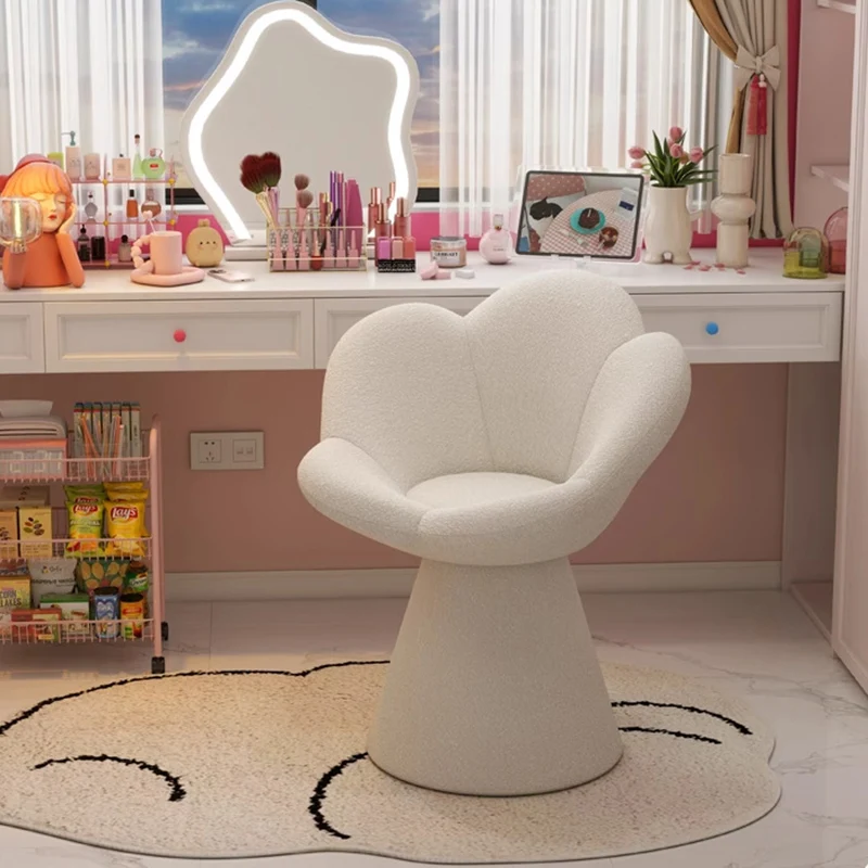 Contemporary Scandinavian Lamb Fleece Fabric Wood Sponge Round Petal-Shaped Swivel Backrest Armrest Vanity Stool For Living Room & Bedroom