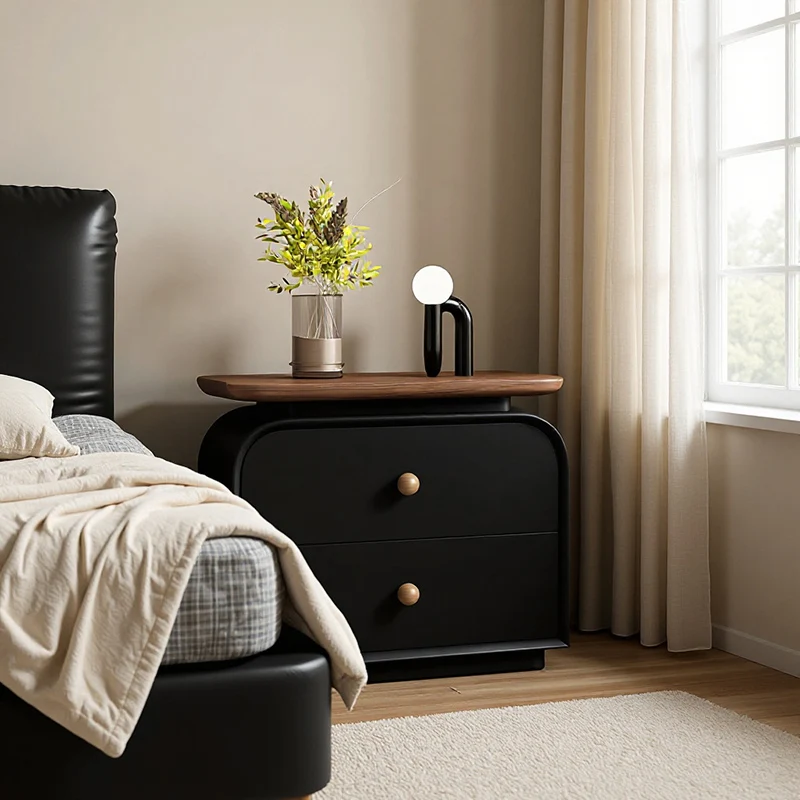 Contemporary Nordic Solid Wood & Plywood Board Faux Leather Rectangular Nightstand With 2 Drawers For Bedroom